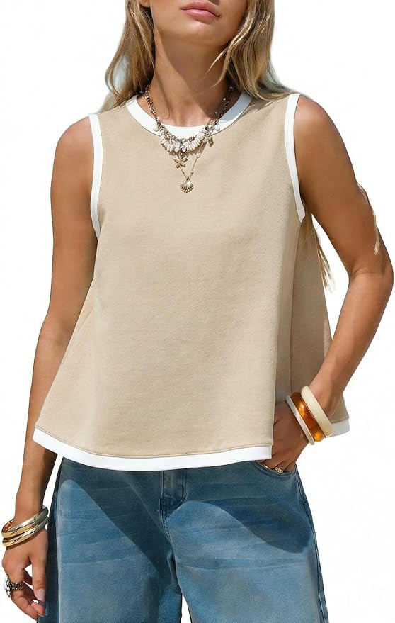 EXLURA Women Summer Sleeveless Tops 2026 Casual Cotton Tank Tops Color Block Crewneck Blouses Goi... | Amazon (US)