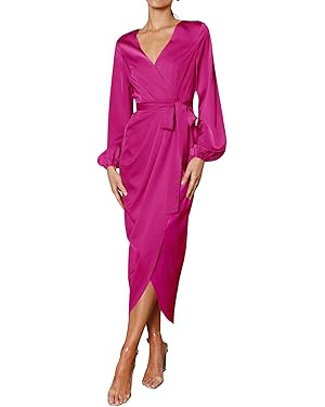 PRETTYGARDEN Women's Maxi Satin Puff Sleeve Wrap V Neck Ruched Belted Long Formal Cocktail Dresse... | Amazon (US)