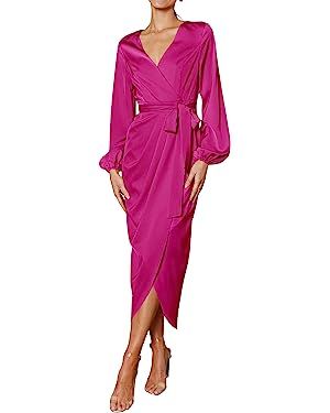 PRETTYGARDEN Women's Maxi Satin Puff Sleeve Wrap V Neck Ruched Belted Long Formal Cocktail Dresse... | Amazon (US)