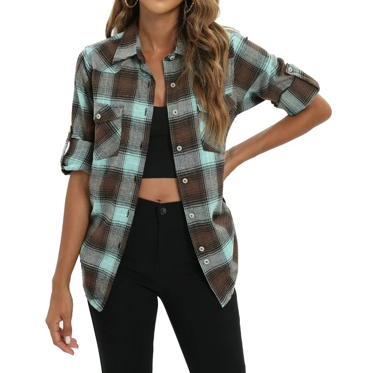 Siliteelo Long Sleeve Flannel Shirt for Women Classic Plaid Buffalo Cotton Shirts with Pockets - ... | Walmart (US)