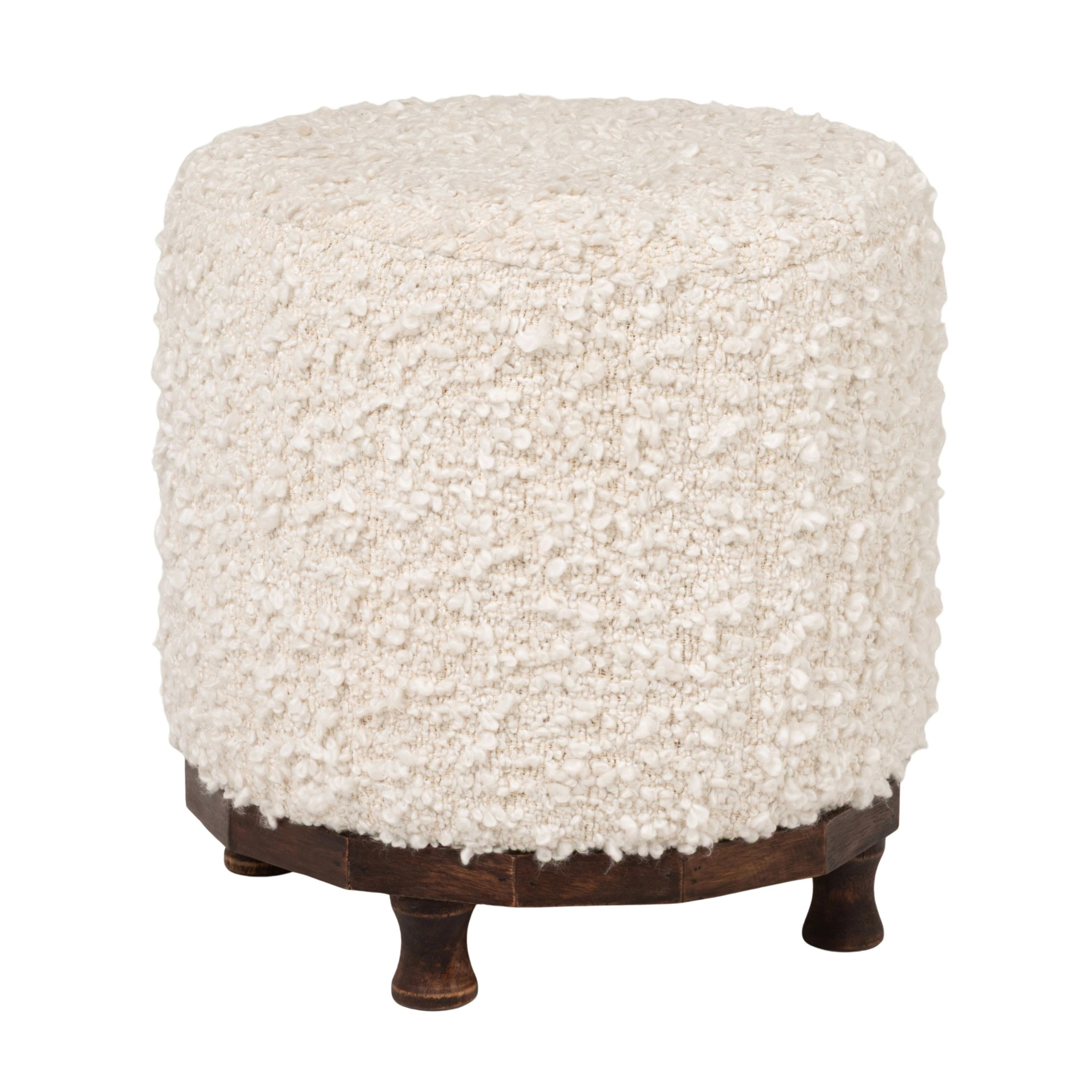 Aspen Bouclé Upholstered Cotton Woven Stool with Dark Wood Tapered Legs, Ivory | Wayfair North America