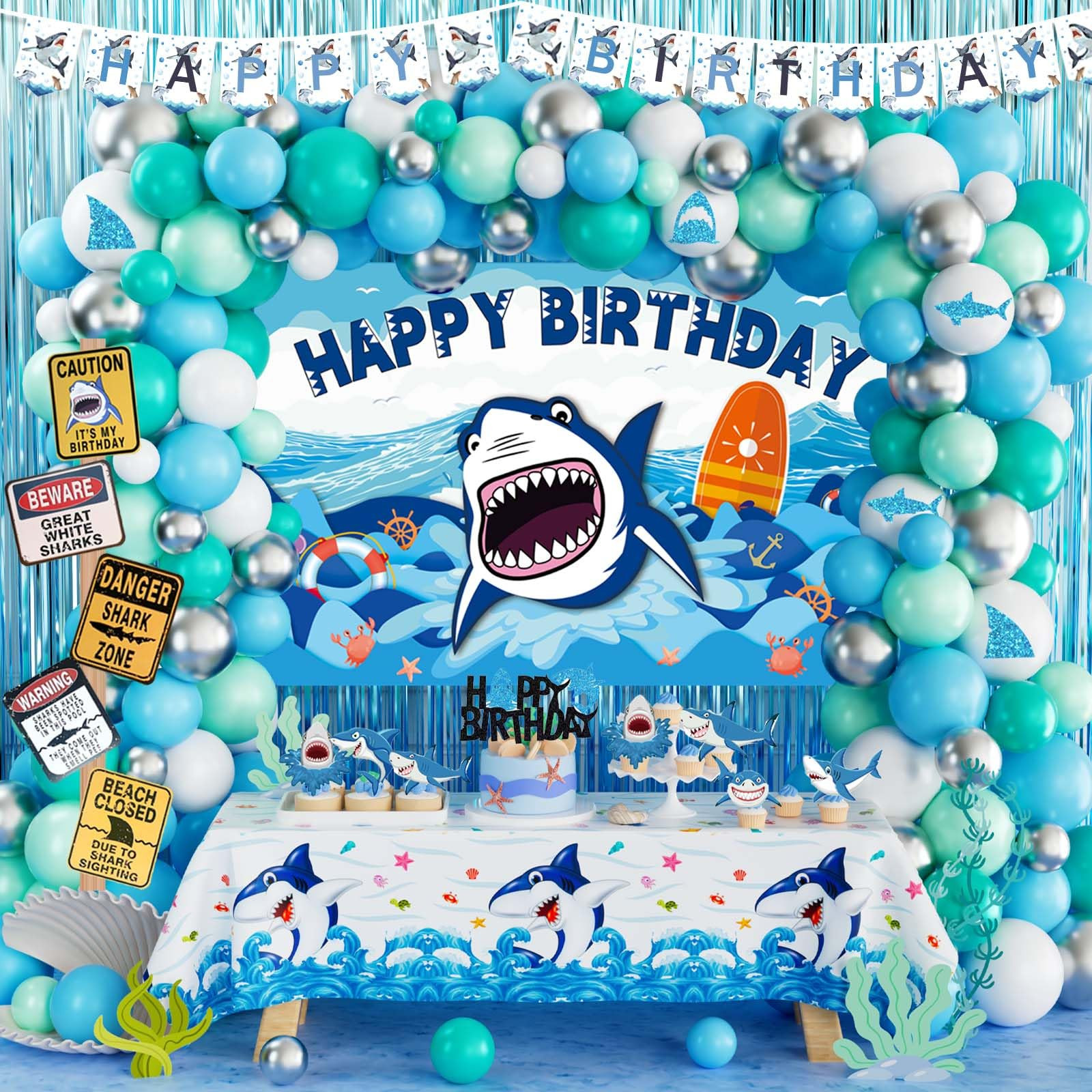 141 PCs Shark Birthday Decorations, Fiesec Blue Ocean Shark Themed Party Decorations Fringe Curta... | Amazon (US)