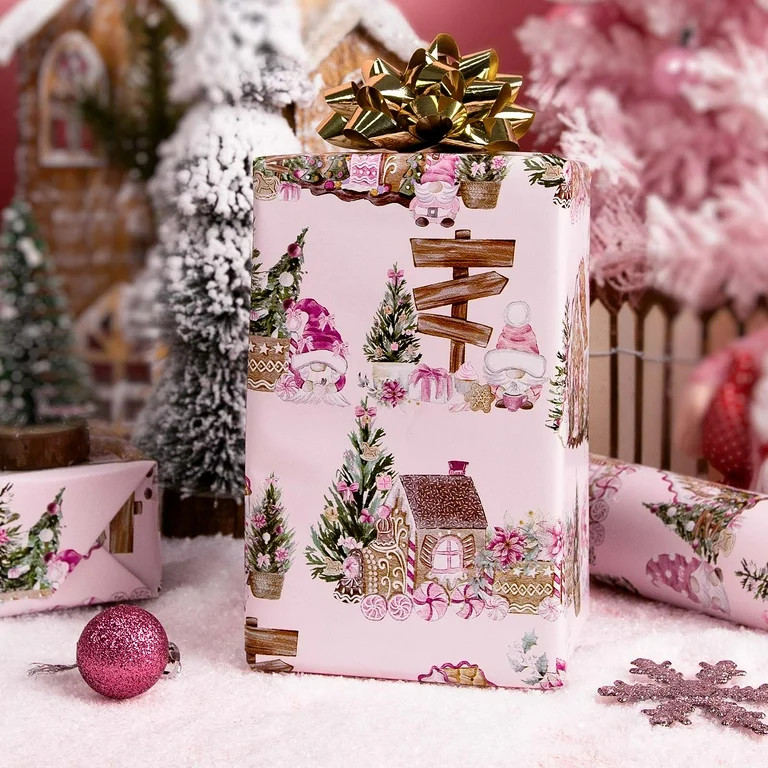 HOMERAL Christmas Wrapping Paper Roll - Pink Gift Wrap with Gingerbread House, Christmas Tree, Sn... | Walmart (US)