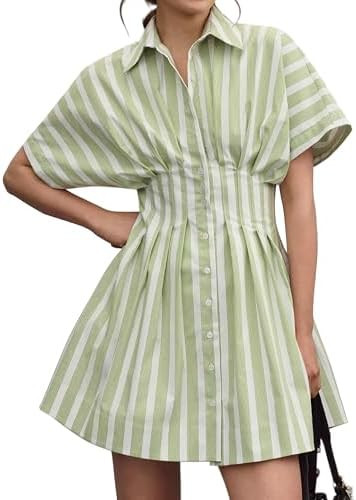 MISSACTIVER Women Pleated Button Down Shirt Dress Short Sleeve Striped Corset Mini Dresses Casual... | Amazon (US)