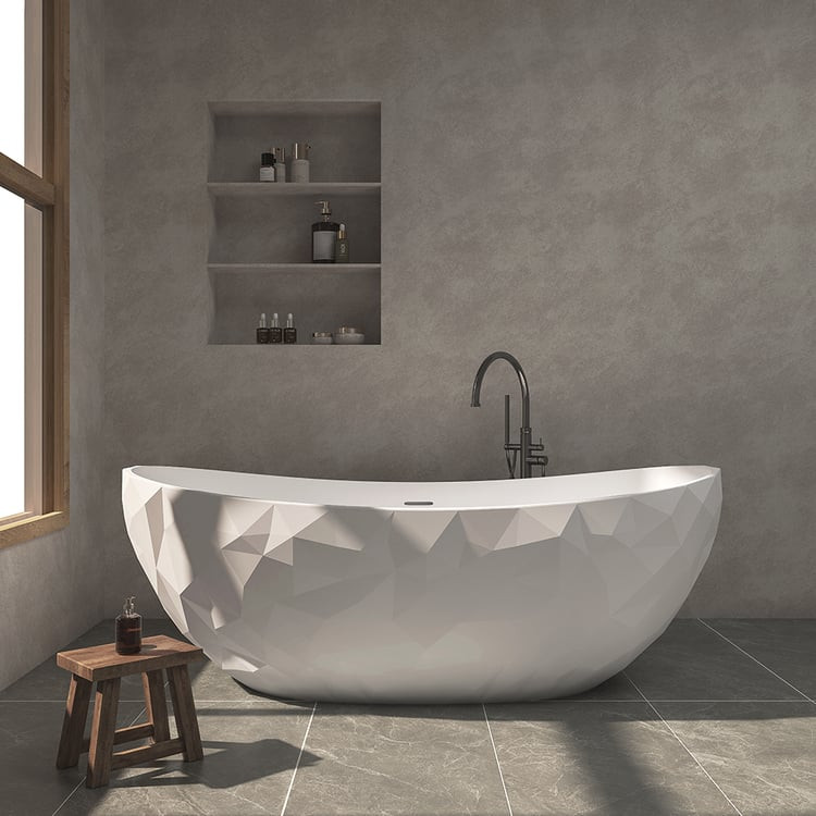 64" Diamond-Cut Freestanding Soaking Solid Surface Bathtub Bathtub | Homary