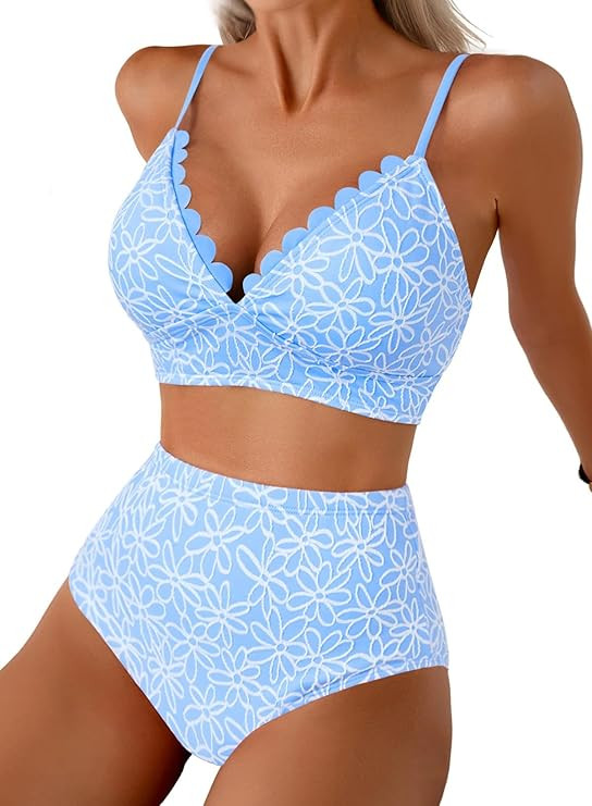Herseas Women's Embroidered Flowers Bikini Sets Scalloped V Neck Swimsuits High Waisted Bathing S... | Amazon (US)