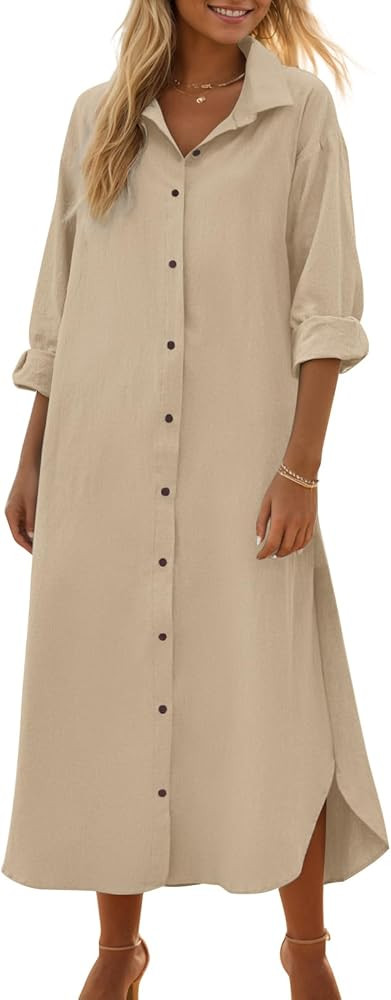 Fasumava Women's Cotton Linen Shirt Dress Long Sleeve Casual Loose Maxi Dresses with Pockets | Amazon (US)