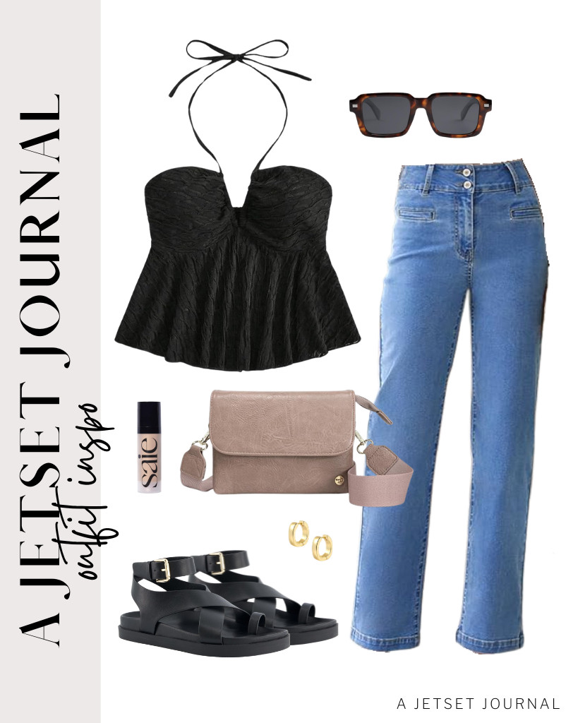 This stylish black backless top and Sidefeel high-waisted jeans combo is our last outfit to style. You can use these CUSHIONAIRE footbed sandals and MINICAT RFIP crossbody bag with this fit. Apply a bit of Saie Mini Glowy Super Gel and pop in these chunky hoop earrings to complete the chic fit.

#LTKSeasonal #LTKSaleAlert #LTKTravel
 

 