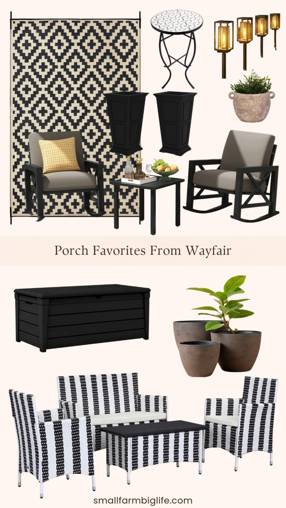 Giving my porch a fresh update with these beautiful finds from Wayfair and I am obsessed with how it is all coming together! From a geometric black and beige outdoor rug and a striped conversation set with thick cushions to a 120 gallon outdoor storage box, solar pathway lights, a set of nova planter pots, a textured stoneware jug planter, a tall planter box, black and white striped pillow covers, and a sleek black and white side table, these are the pieces that make an outdoor space feel pulled together and intentional. Linking everything below! 

 #LTKSeasonal #LTKHome #LTKSaleAlert