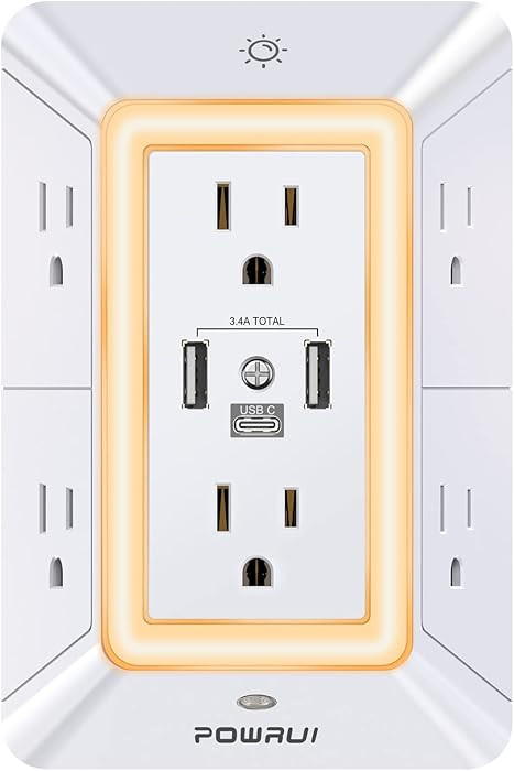 POWRUI Multi Plug 6 Outlet Surge Protector Extender with 3 USB Ports (1 USB C) and Night Light, 3... | Amazon (US)