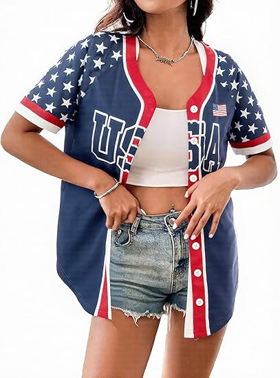 JINTING Womens 4th of July Jerseys - Red White and Blue Button Down USA Baseball Jerseys Patrioti... | Amazon (US)