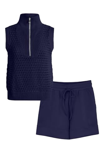 GRECERELLE 2026 Women 2 Piece Sets Crochet Hollow Knit Half-Zip Sweater Tank Top & Shorts Lounge ... | Amazon (US)