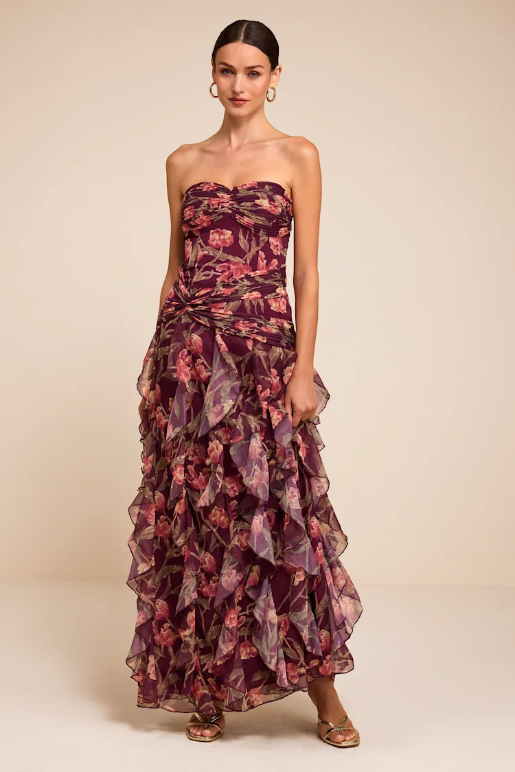 Danna Plum Multi Floral Ruffled Maxi Dress | Lulus