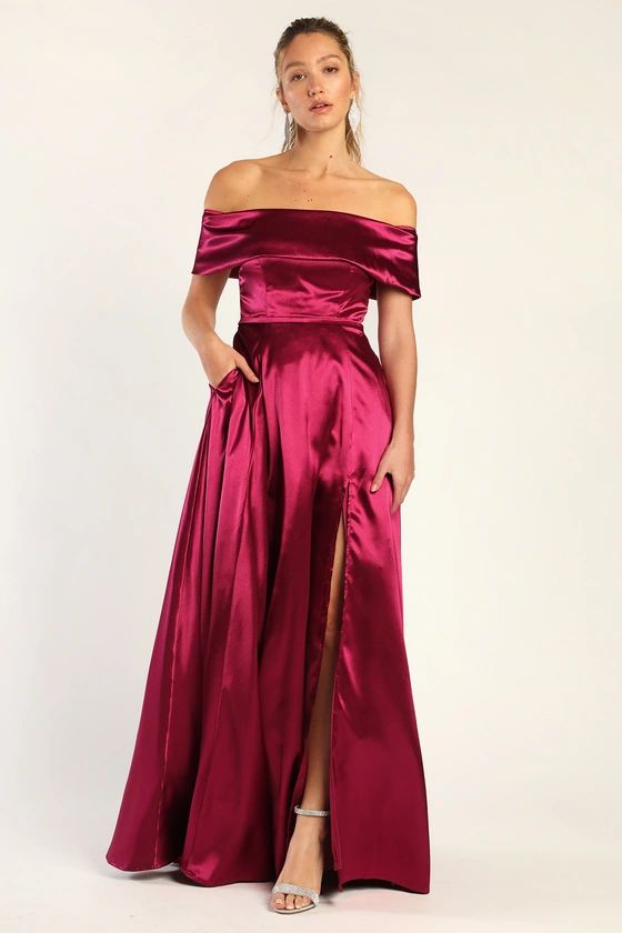 Greatest Hits Berry Pink Satin Off-the-Shoulder Maxi Dress | Lulus (US)