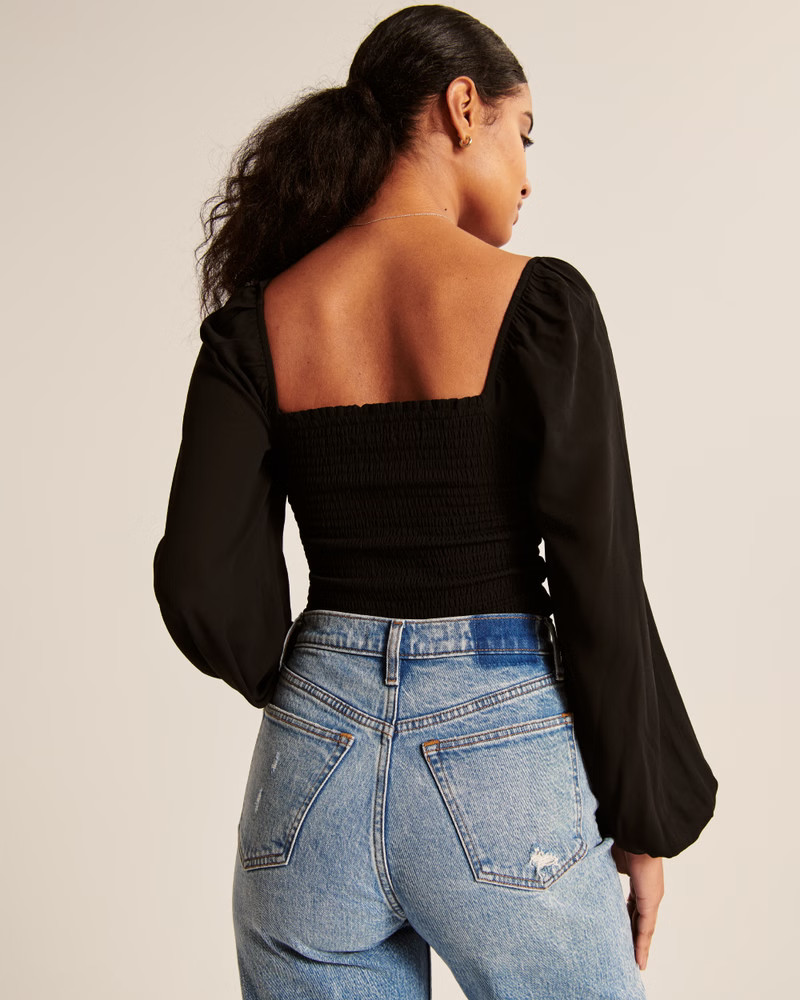 Long-Sleeve Smocked Puff Sleeve Top | Abercrombie & Fitch (UK)
