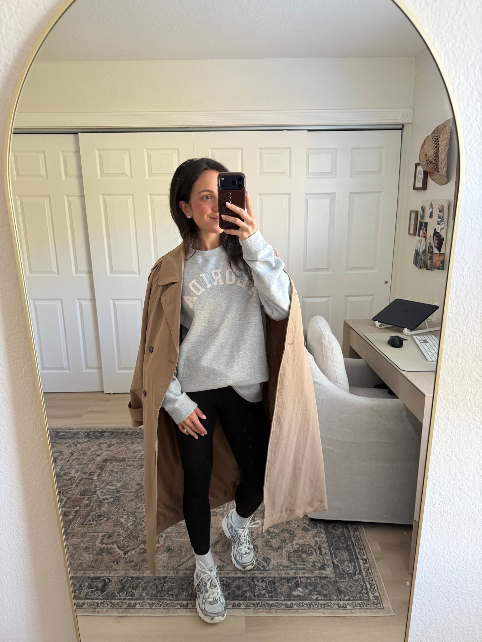 Spring transition outfit with a trench and sweatshirt! 2026 spring outfits casual, oversized crewneck outfit, leggings outfit, sneakers outfit women, neutral outfit ideas, comfy chic outfits, airport outfit ideas, everyday outfit inspo, minimal style outfits

#LTKSeasonal #LTKootd #LTKgrwm