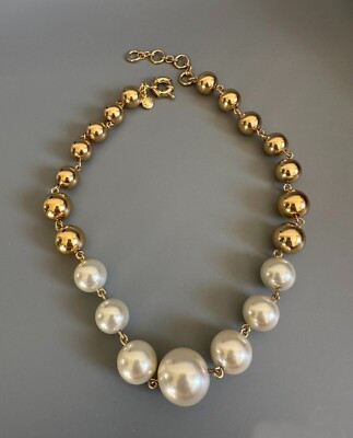 New J. Crew Pearl & Metallic Gold Ball beaded Strand  Necklace -16" Glass Pearl  | eBay | eBay US