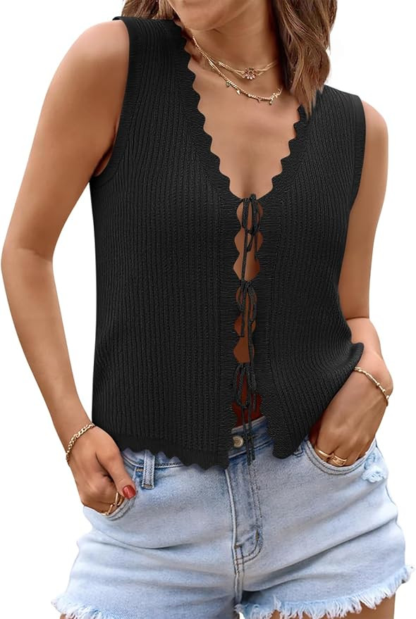 COCCKO Womens Summer Tops Vacation Beach Outfits Cute Tie Front Crochet Vest Knit Sleeveless Swea... | Amazon (US)