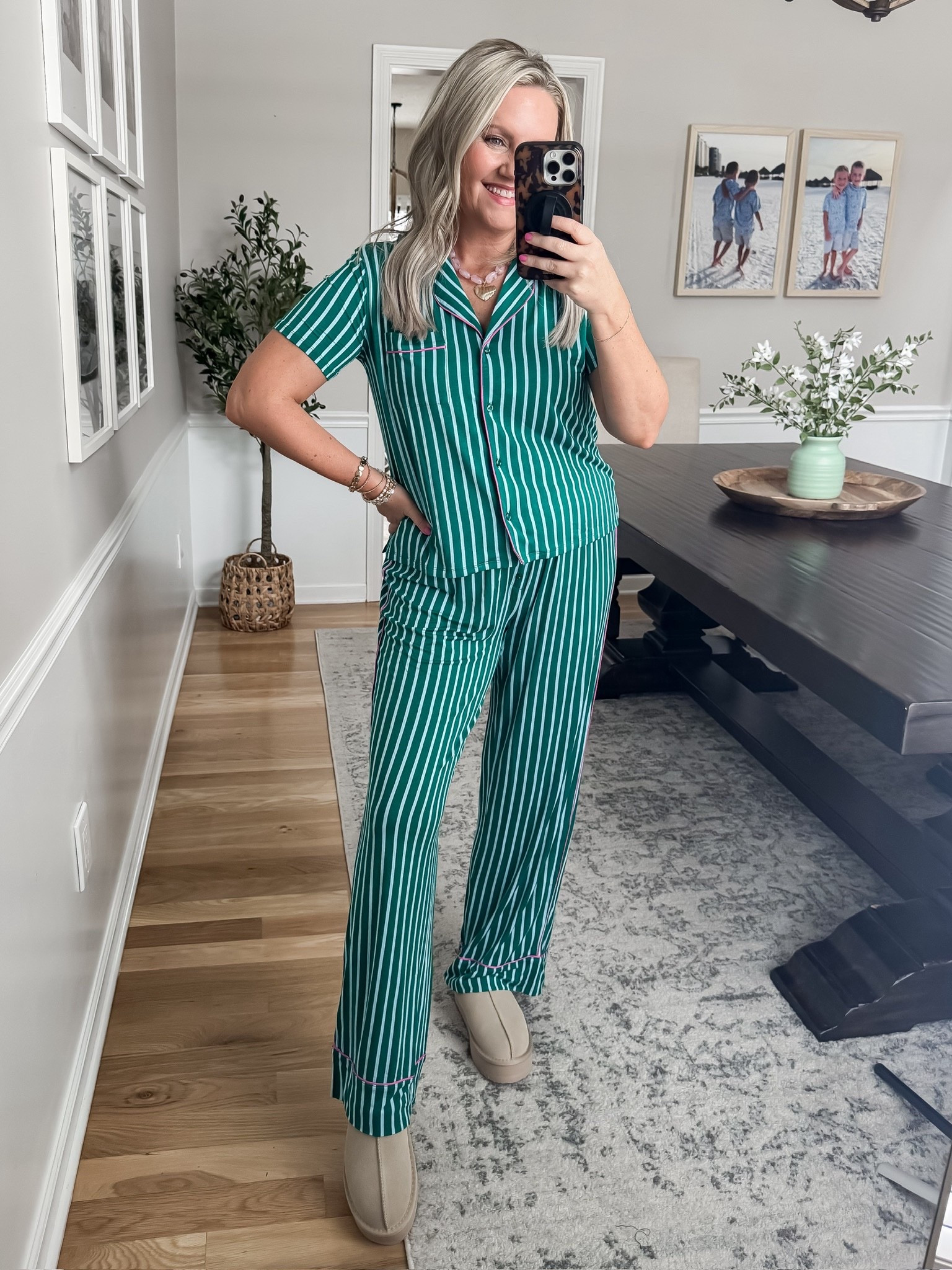 Pajamas, striped pajamas, elevated nightly pajamas, green striped pajamas, elevated pjs, Lovelylifestyling 

#LTKmorningroutine #LTKSeasonal