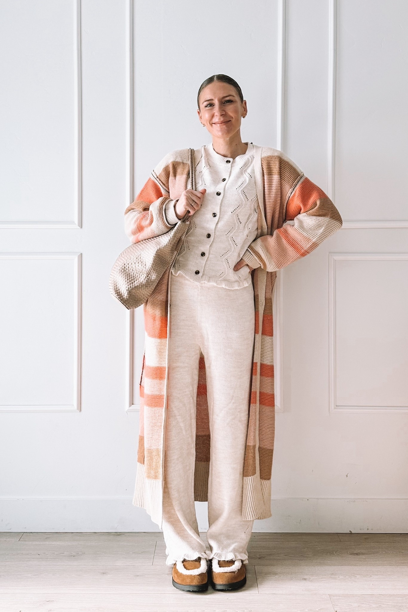 The coziest neutral layers for everyday wear.
This outfit is all about comfort without looking sloppy — soft knit pants, a textured button-front sweater, and a long striped cardigan that adds just enough interest.
Easy, relaxed, and perfect for lounging, errands, or casual days at home.

#LTKgrwm #LTKootd #LTKmomlife