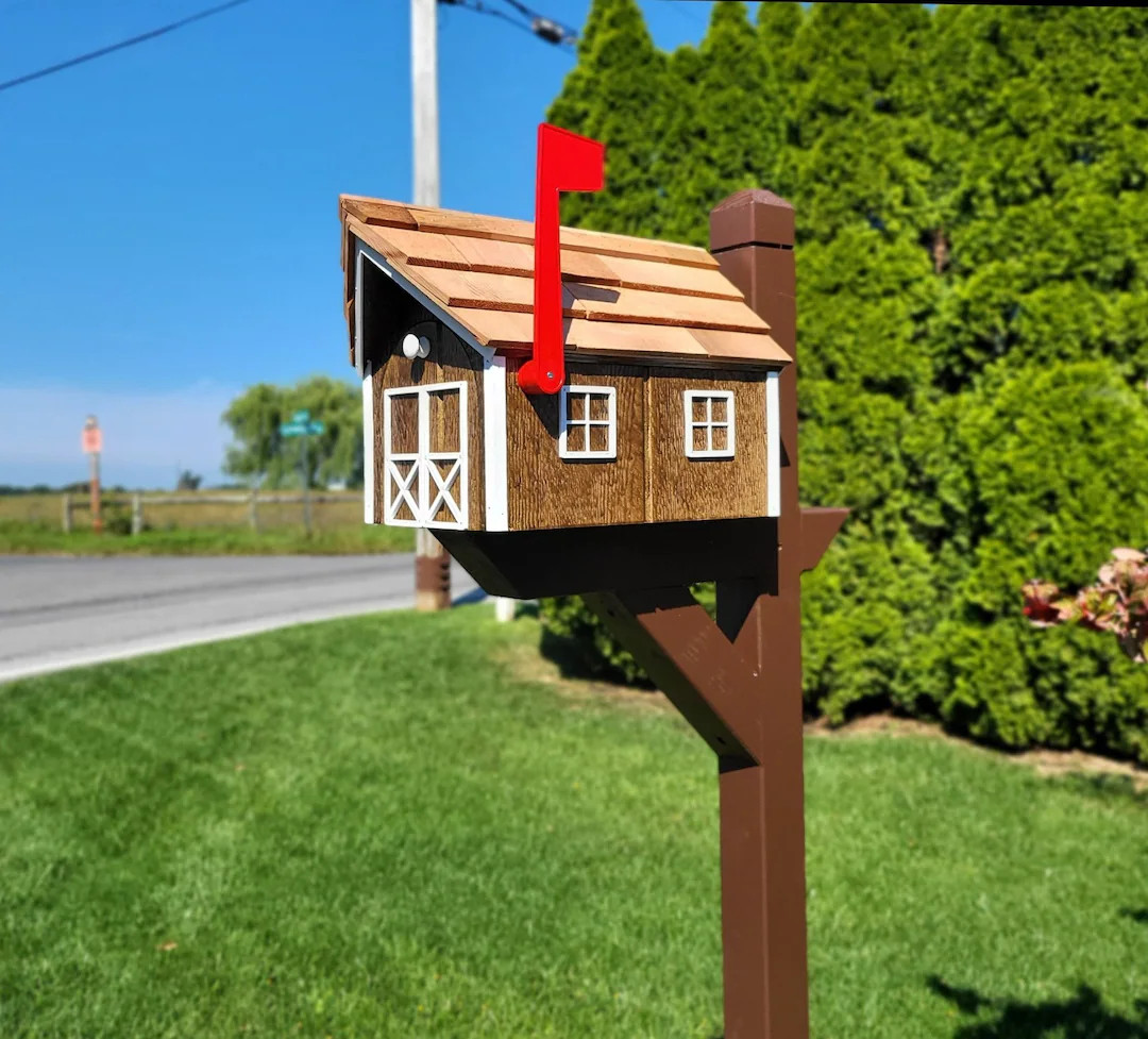 Amish Chestnut Mailbox Handmade Barn Style Wooden With a Tall Prominent Sturdy Flag With Cedar Sh... | Etsy (US)