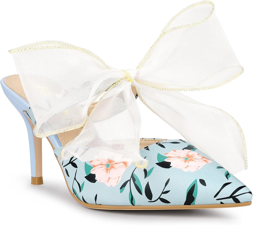 Allegra K Women's Pointed Toe Lace Bow Floral Printed Stiletto Heels Mules | Amazon (US)