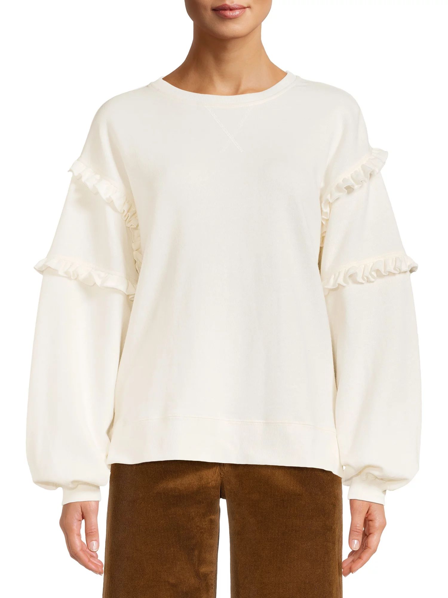 Time and Tru Long Sleeve Pullover Ruffles Crew Neck Drop Shoulder Sweatshirt (Women's), 1 Pack | Walmart (US)