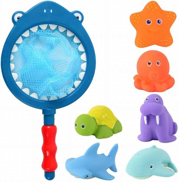 Bath Toy , Fishing Floating Animals Squirts Toys Games Playing Set with Fishing net , Fish Net Ga... | Amazon (US)