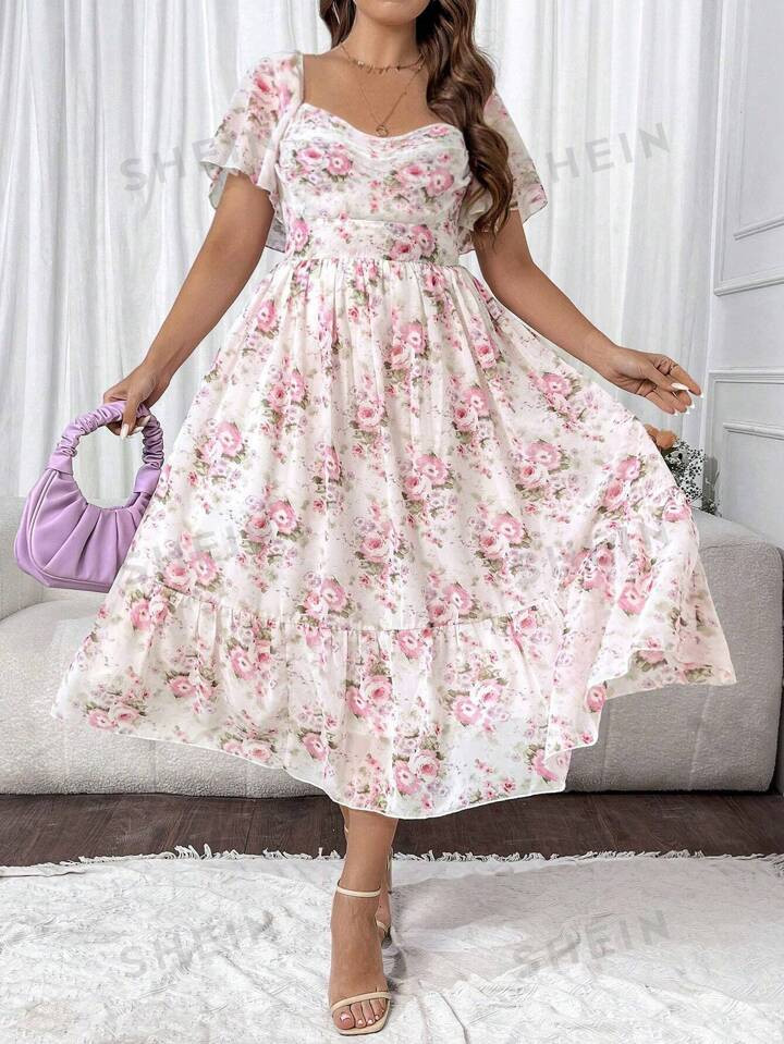 SHEIN Privé Grote maten Elegant Lang A-lijn Bloemen Geprint Jurken Met Vloeiend Zoom | SHEIN