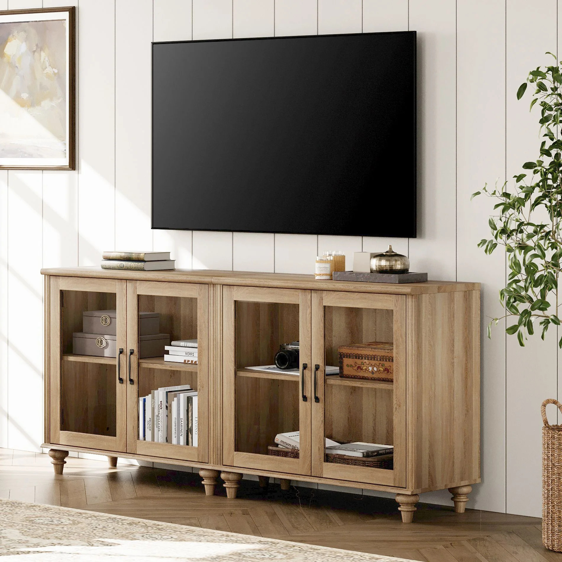 Oak Farmhouse TV Stand for 75 inch TV with 4 Glass Doors | Walmart (US)
