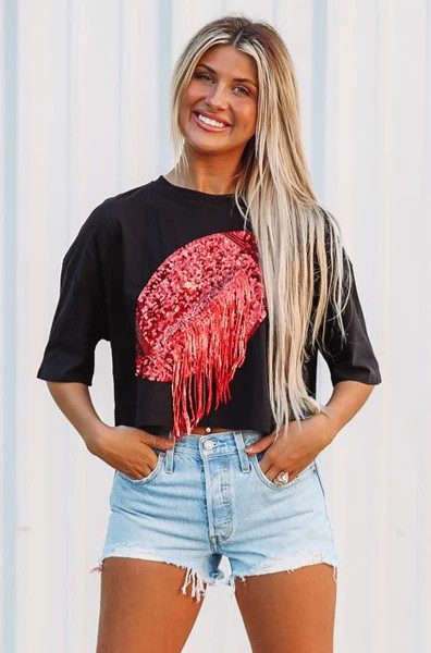 Sequin Gameday Football Fringe Crop Top - Black | Hazel and Olive