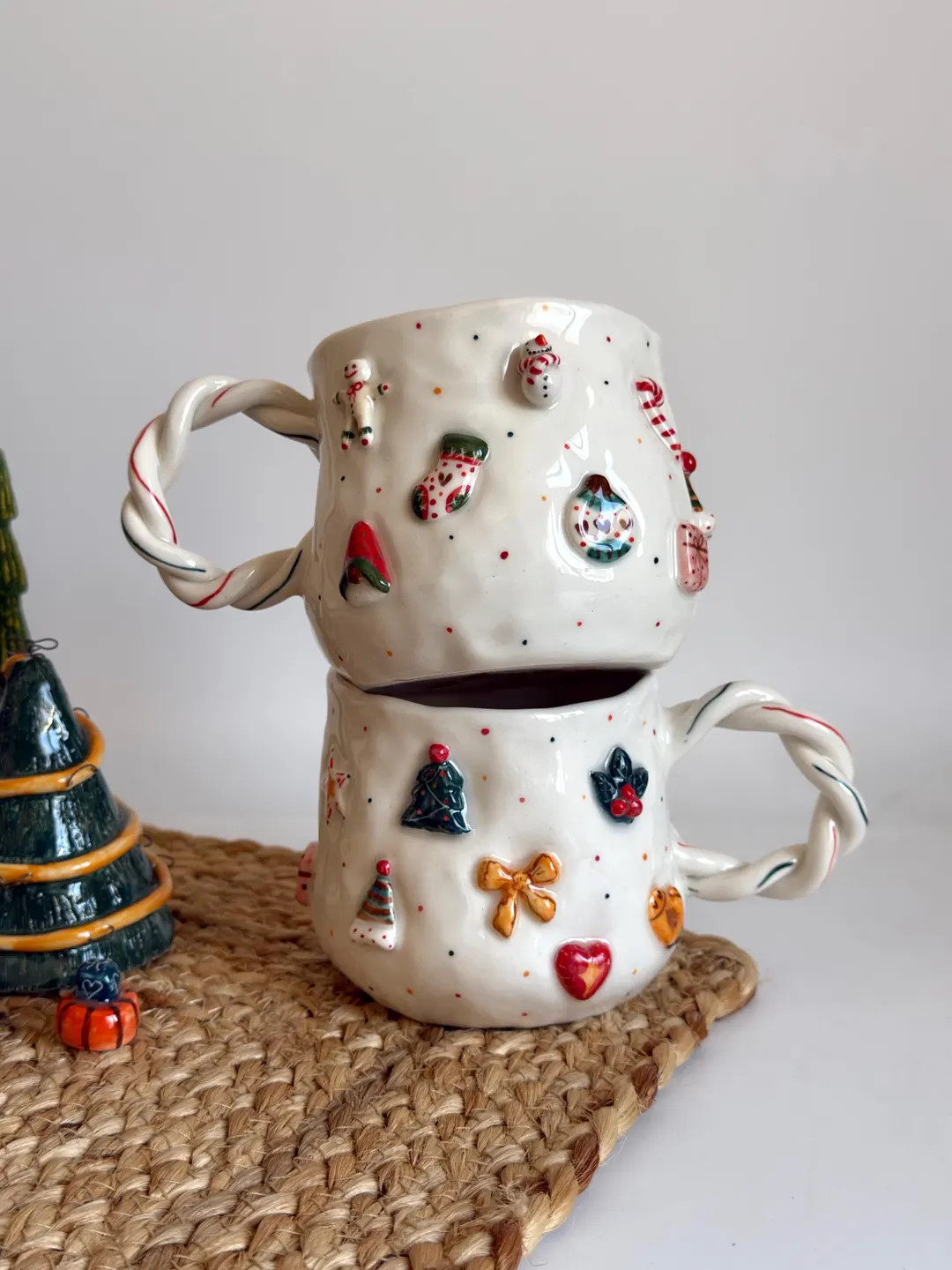 Handmade Ceramic Mug With 3D Christmas Elements - Minimal Gingerbread Man, Christmas Elf, Christm... | Etsy (US)