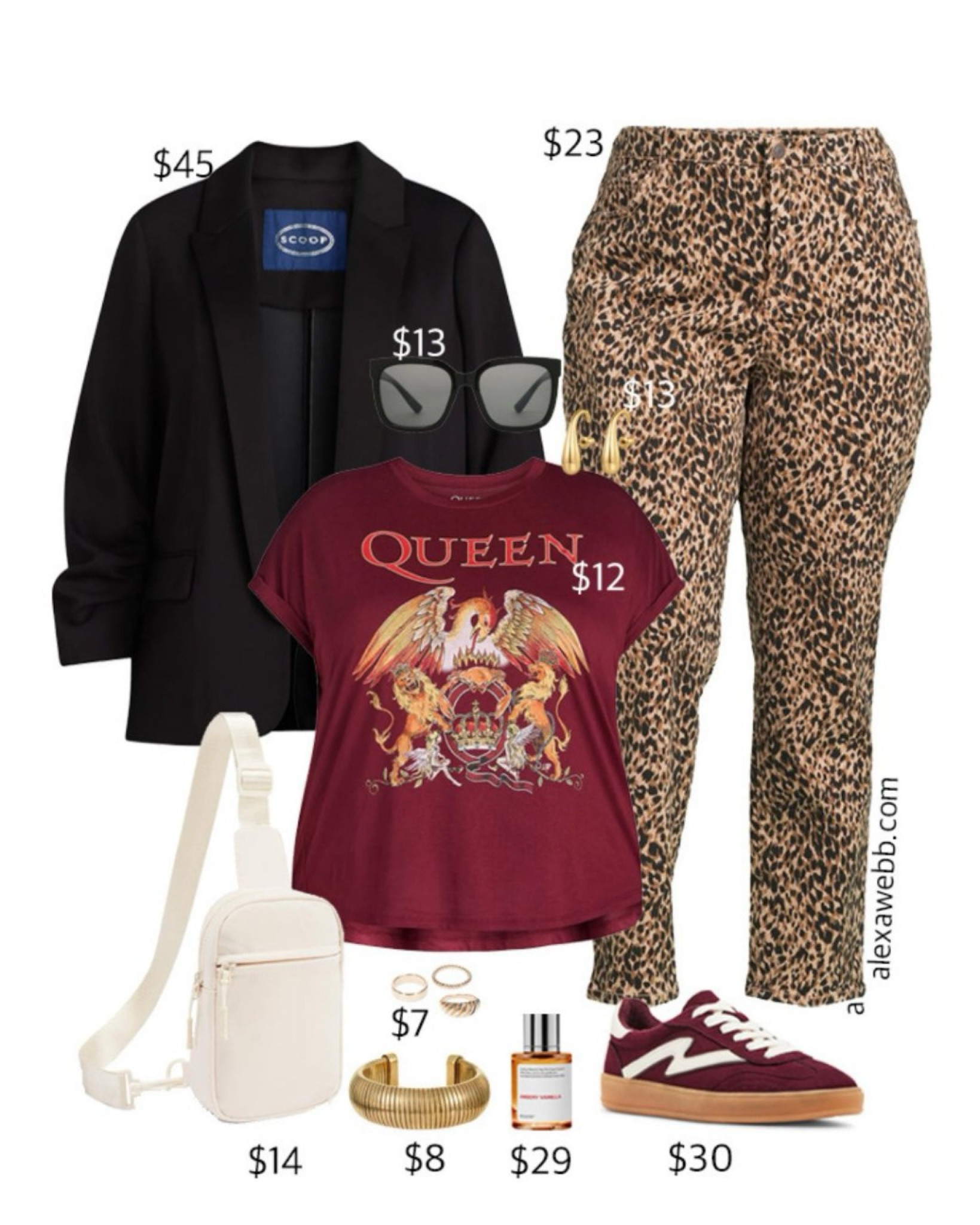 Plus Size on a Budget - Leopard Pants - A plus size casual outfit idea with trendy leopard pants. Topped with a graphic tee, black blazer, and sling bag. Add some burgundy low top sneakers. All on a budget for fall! Alexa Webb #plussize

#LTKSeasonal #LTKPlusSize #LTKStyleTip