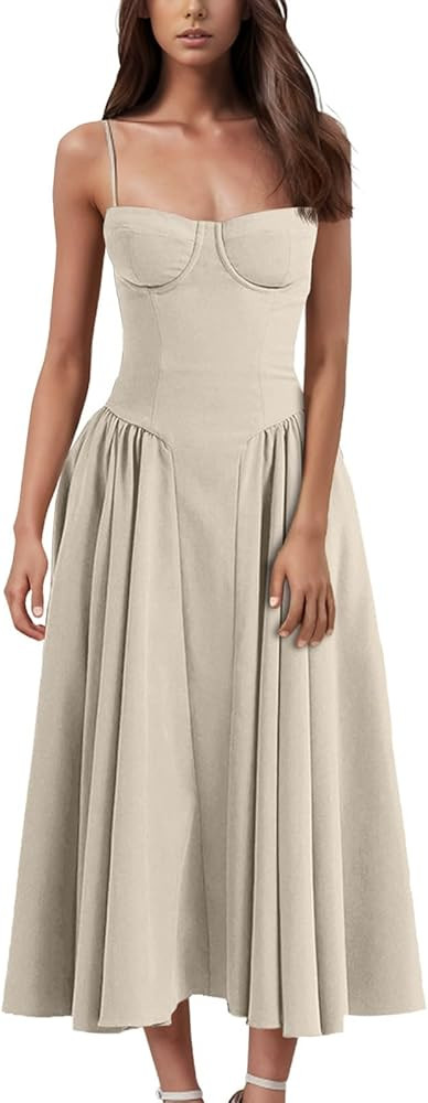 Sleeveless Corset Dress for Women 2024 Elegant Spaghetti Strap Midi Dress Flowy Pleated Hem Low C... | Amazon (US)