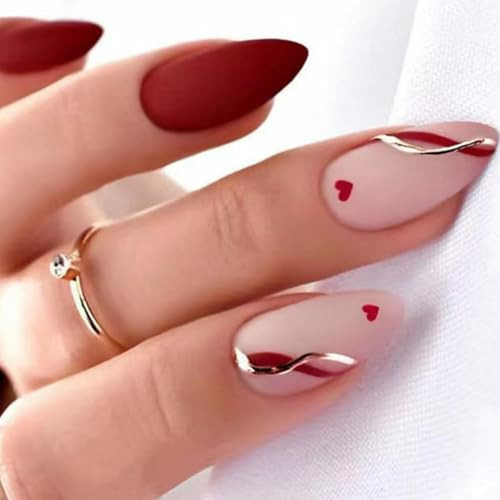Red Press on Nails Heart Fake Nails Medium Almond False Nails with Line Design Nude Pink Glue on Nails Glossy Acrylic Nail Full Cover Stick on Nails for Women Manicure Manicure | Amazon (US)