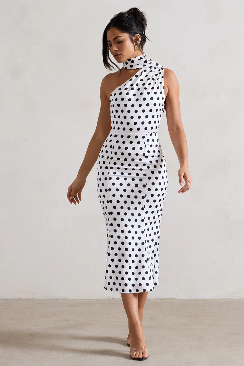 Golden Girl | White Polka Dot One Shoulder High-Neck Flared Midi Dress | Club L London AU