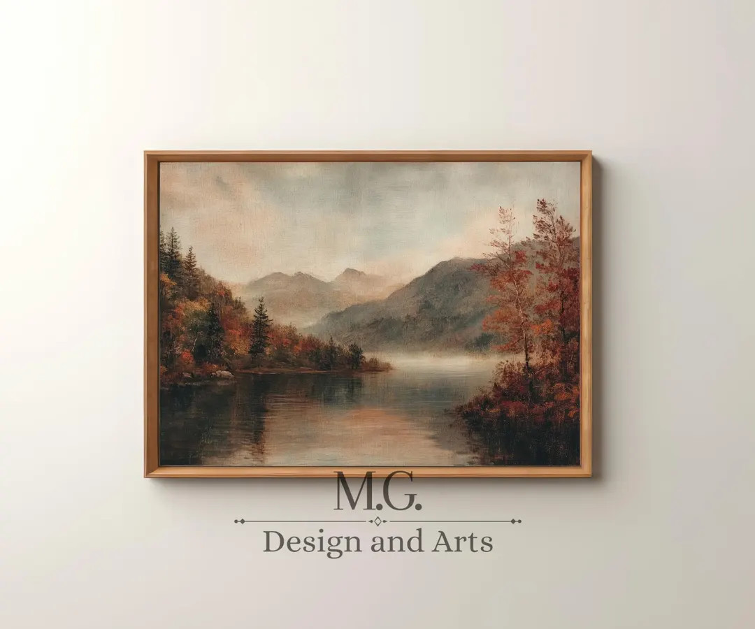 Moody Autumn Oil Painting | Antique Oil Painting | Rustic Fall Lake Landscape Print | Download Ar... | Etsy (US)