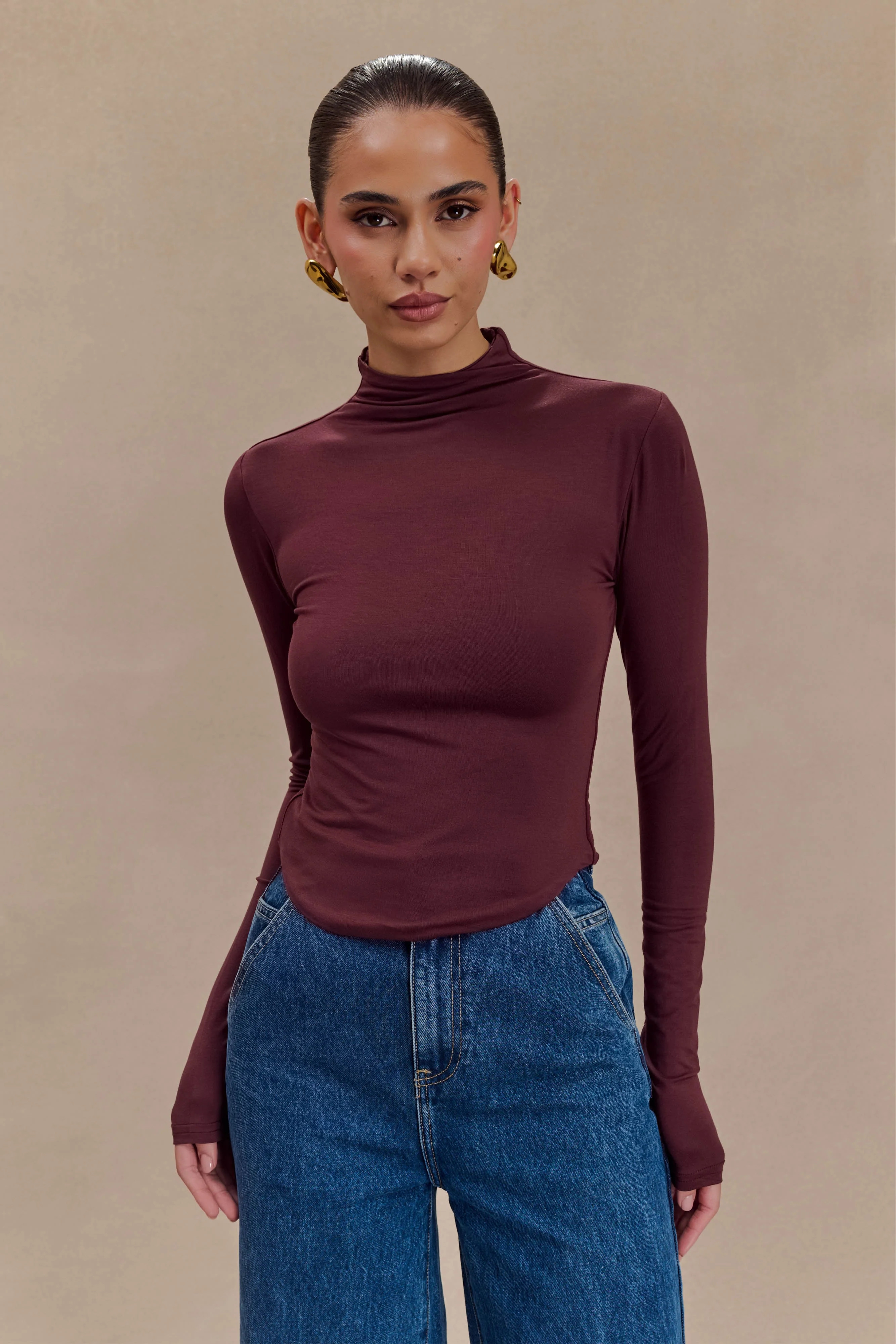 Ember Modal Long Sleeve High Neck Top - Mahogany | MESHKI US