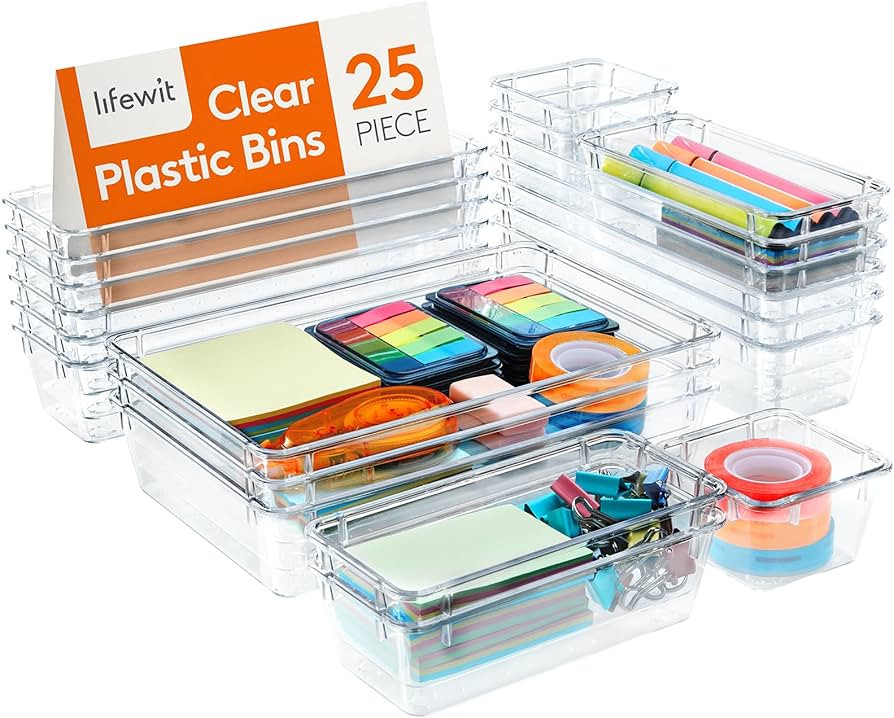 Lifewit 25 PCS Drawer Organizer Set Clear Plastic Desk Drawer Dividers Trays Dresser Storage Bins... | Amazon (US)