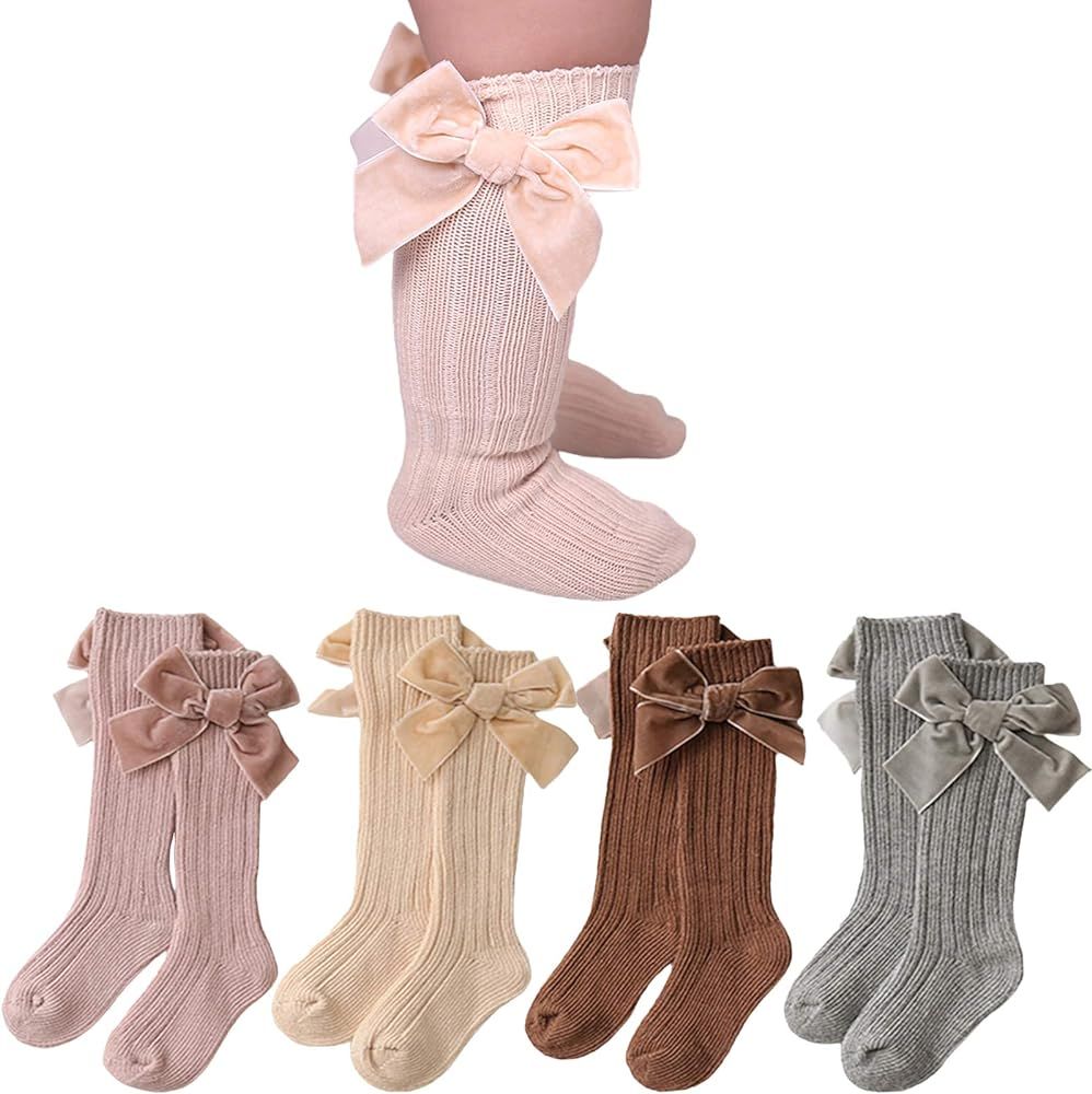 Baby Girls Knee High Socks Newborn Toddlers Bow Knit Socks Tube Ruffled Uniform Stockings | Amazon (US)