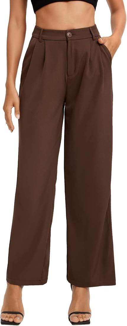 Women's Casual Wide Leg High Waisted Button Down Straight Long Trousers Pants | Amazon (US)