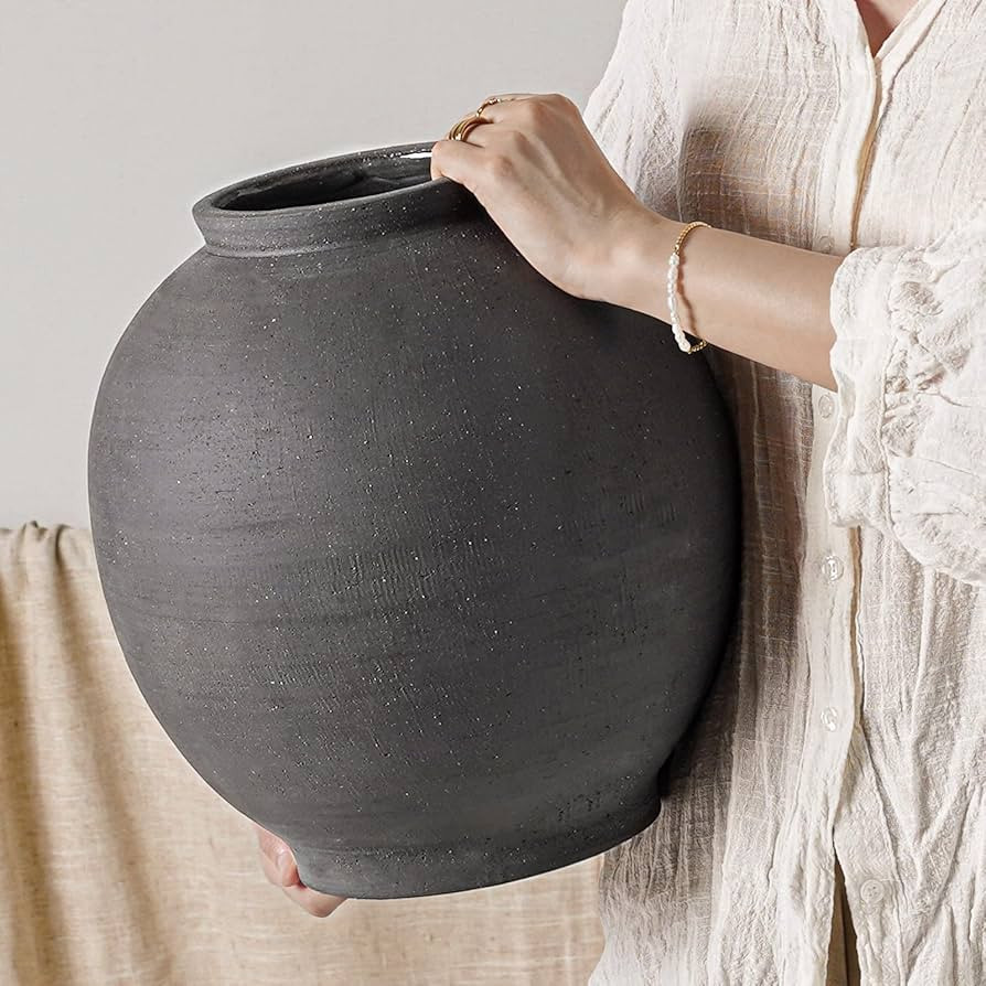 Black Ceramic Vase - Large 12.5 Inch Round Floor Vase for Centerpieces, Farmhouse Rustic Minimali... | Amazon (US)