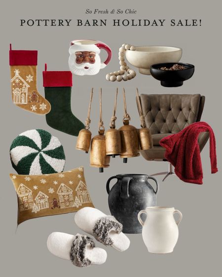 Pottery Barn Holiday Sale picks!
-
Tufted leather armchair - cozy throw blanket red - velvet stockings - gingerbread stocking - gingerbread throw pillow - candy cane throw pillow - brass bells large - black textured vase large with handles - white textured jug vase with handles - cozy slippers for her - cozy slippers for him - black Santa Claus mug - Christmas mugs - green velvet stockings - white bowl - black bowl - ceramic bowl coffee table decor - Christmas decor - holiday decor - gifts for her - home decor gifts - mother in law gifts - sister in law gifts - living room furniture sale - armchair sale - throw pillows sale - gift guide 

#LTKsalealert #LTKGiftGuide #LTKhome