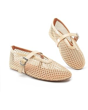 Women Mesh Flats Buckle Strap Round Toe Comfy Causal Ballet Flats Fashion Mary Jane Fishnet Balle... | Amazon (US)