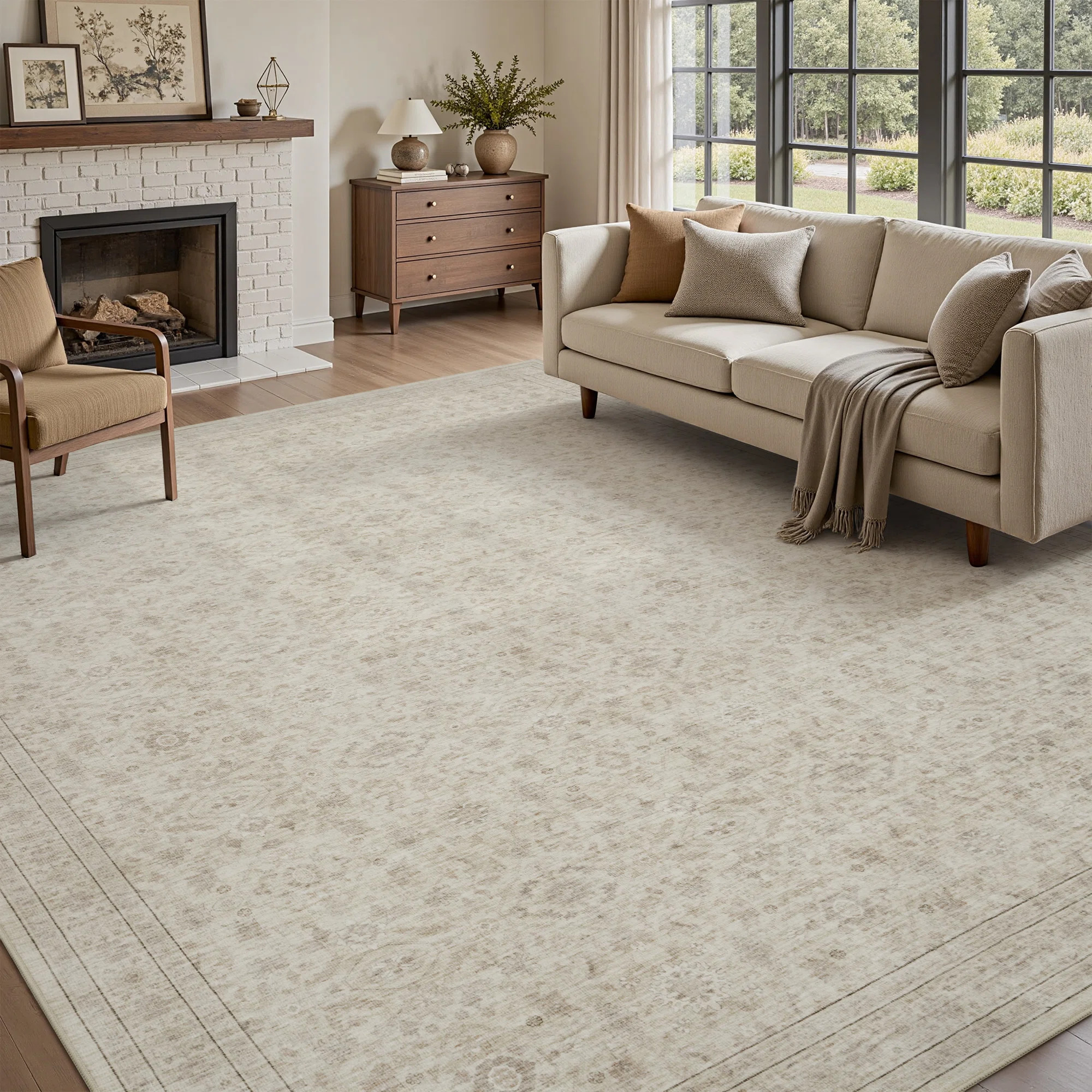 Beige Vintage-Inspired Washable Non-Slip Area Rug For Living Room, Bedroom | Wayfair North America
