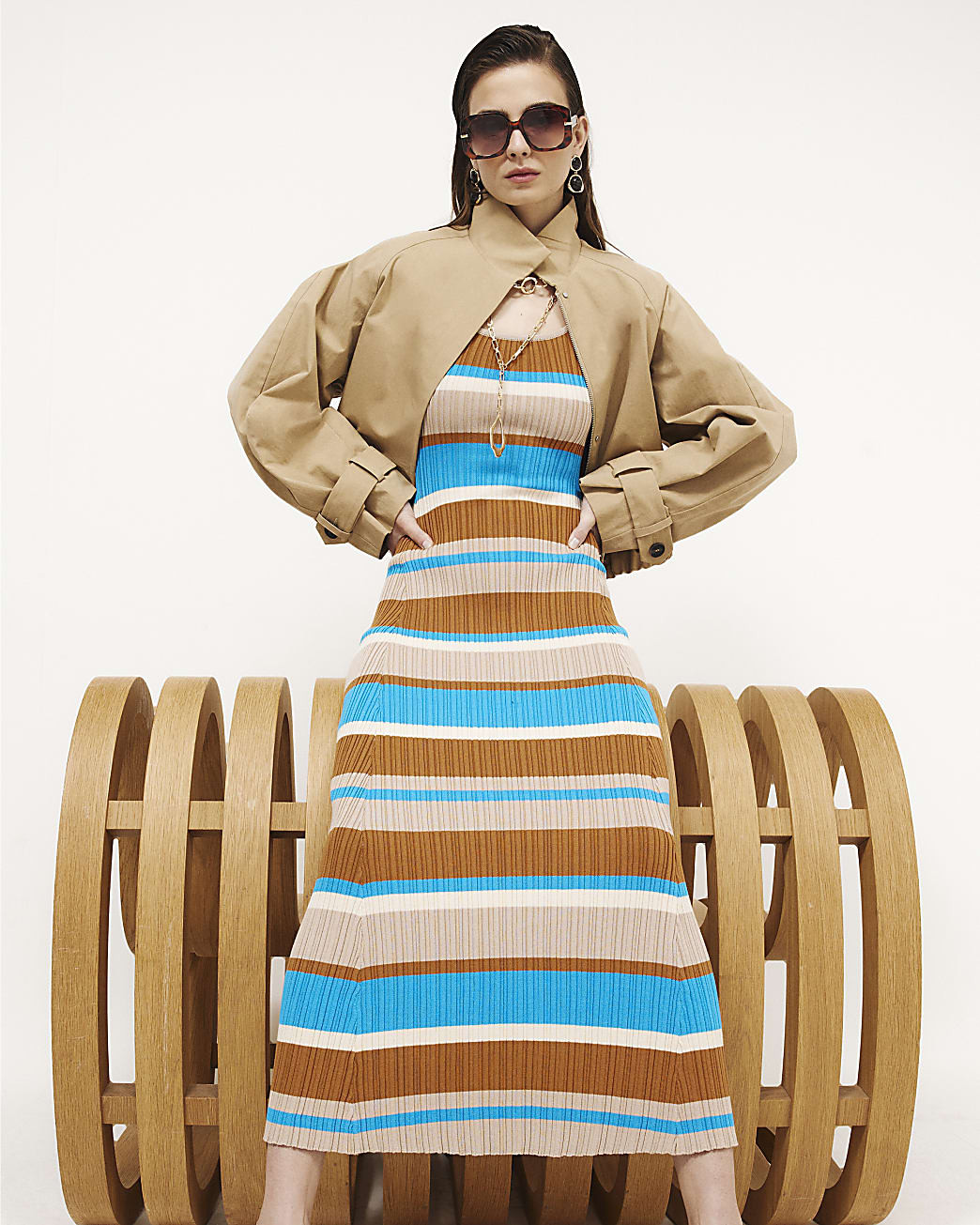 Brown Knitted Striped Maxi Dress | River Island UK & IE