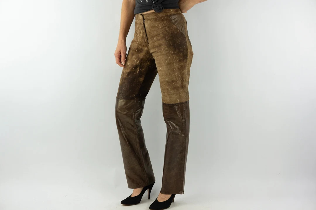 Eleven Monte Carlo Vintage Leather Pants 2000s | Brown Suede & Leather | High Waist Straight Cut ... | Etsy (US)