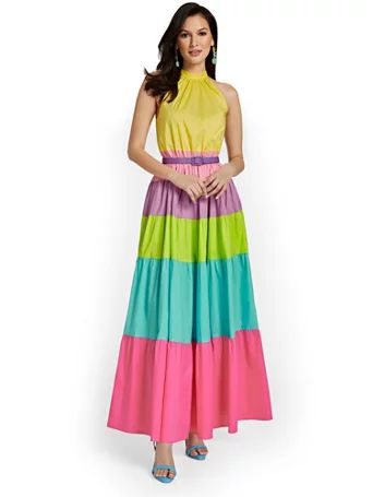 NY & Co Women's Colorblock Halterneck Poplin Maxi Dress Radiant Rose Size 2X-Large Spandex/Cotton | New York & Company