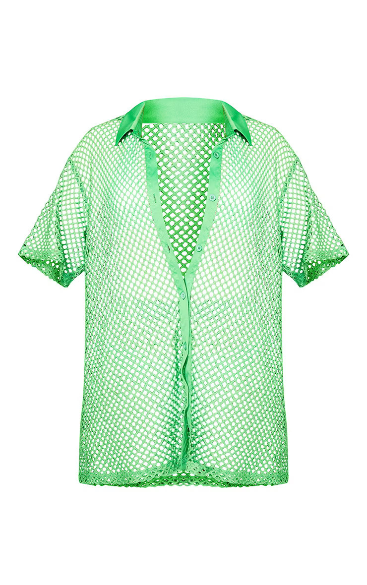 Green Net Oversized Short Sleeve Beach Shirt | PrettyLittleThing US