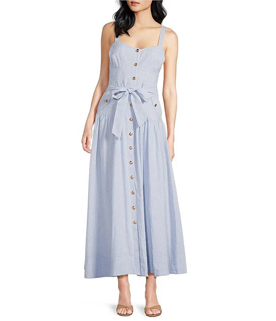 A Loves A Linen Stripe Sweetheart Neck Tank Strap Button Front Tie Drop Waist Flounce A-Line Midi... | Dillard's